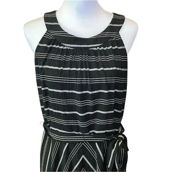 Tommy Hilfiger Halter Midi Dress Crinkle Gauze Belted Striped Black Gray 12 NWOT - Picture 3 of 16